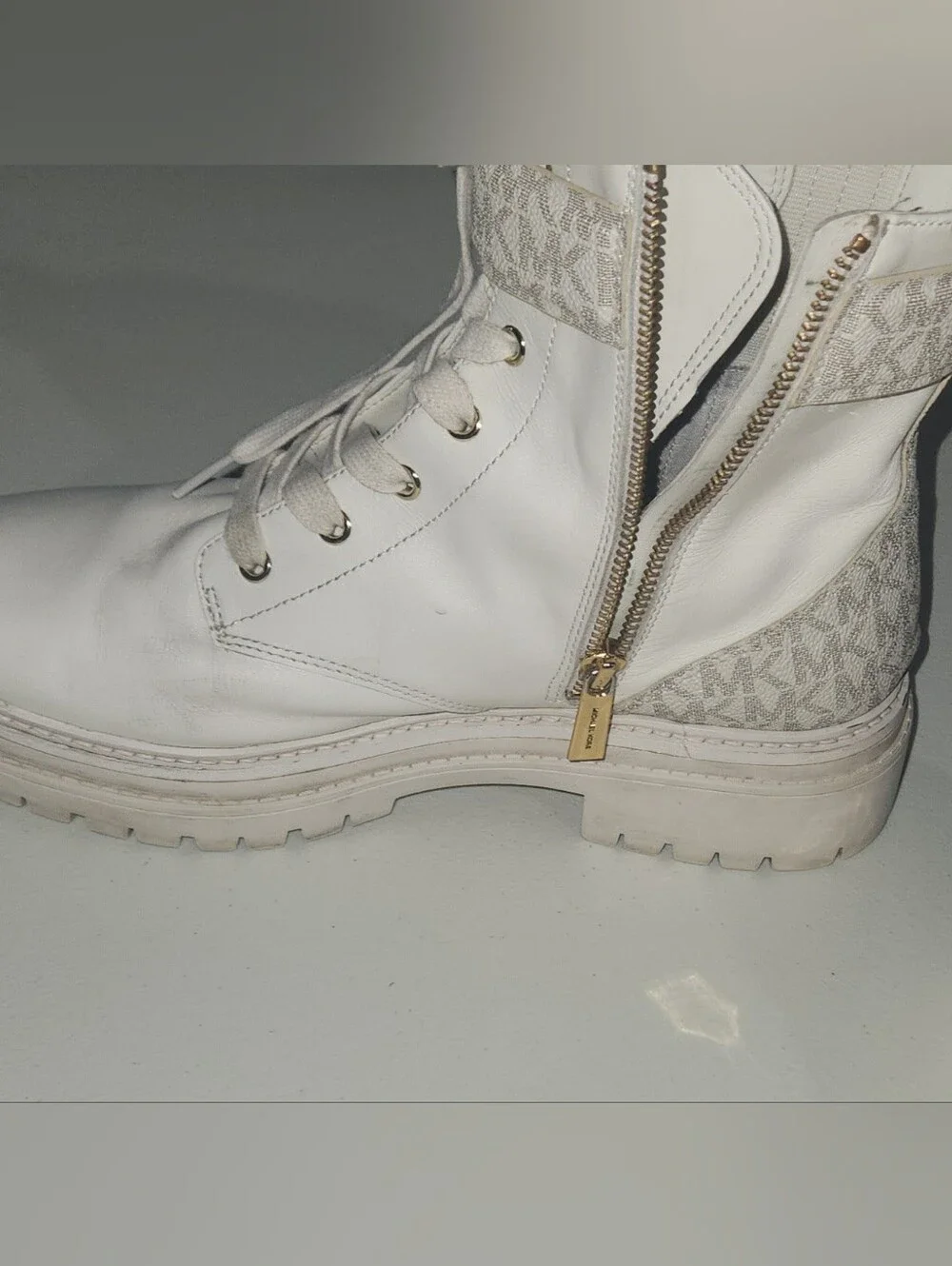 Michael Kors White MK Monogram Combat Boots Size 8.5